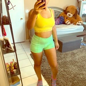 High waist bright lime green shorts